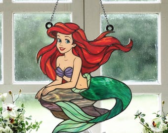 Ariel Mermaid Acrylic Suncatcher Mermaid Faux Stained Glass Window Hanging, Princess Decor for Girls Birthday Gift for Kids