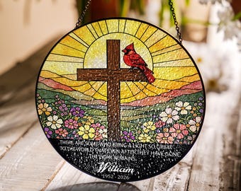 Red Cardinal Cross Glass Suncatcher, Cardinal Memorial Sunflowers Window Hanging Decoration, Round Memorial Christian Suncatcher Art