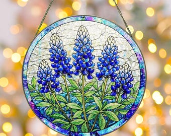 Texas Bluebonnet Suncatcher, Stained Glass Window Hanging Suncatcher, Floral Decor, Mother's Day Gift For Mom Grandma, Flowers Lover Gifts