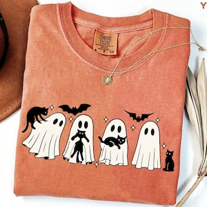 Halloween Black Cat & Ghost Comfort Colors Shirt, Halloween Ghost Tshirt, Spooky Season Cat Tee, Halloween Cute Women Outfit, Halloween Gift