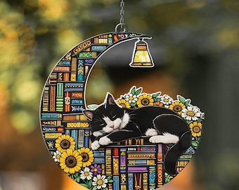 Cat Reading on the Moon Faux Stained Glass Suncatcher, Acrylic Cat Book Lover Window Hanging, Librarian Gift for Home Decor