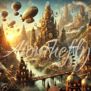 Steampunk Fantasy Cityscape | Victorian Gears & Airships | Whimsical Industrial Art Print | Retro Futuristic Wall Decor | AI-Generated | PNG