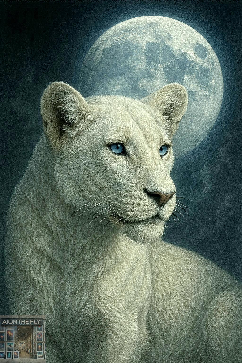 シム・シメール、【WHITE LION MOON】、希少な額装用画集より Majestic White Lion Moon Art Print | Fantasy Lioness Wall Decor