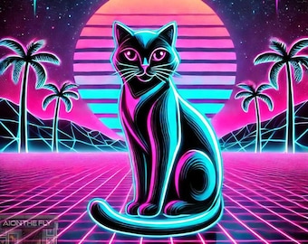 Retro Neon Cat Art – Vaporwave Aesthetic Print, Synthwave Cyberpunk Poster, 80s Retro Futuristic Wall Decor, Glowing Kitty Artwork | PNG