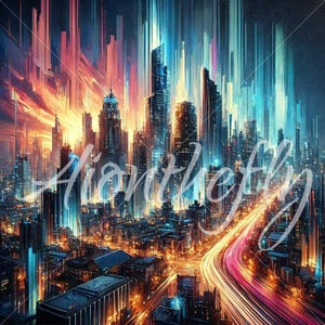 Cityscape Brush Art | Sci-Fi Neon Skyline Digital Art Print | Abstract Urban Nightscape | Modern City Wall Decor | Wallpaper | Printable