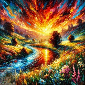 Vibrant Sunset Over a Flowing River | Colorful Impressionist Landscape Wall Art Print | expressionism art | Printable | Downloadable | PNG