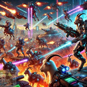 Impressão de ficção científica de batalha de cabras cibernéticas | Guerra futurista | Soldados robóticos | Cena épica de guerra com IA | Arte de fantasia e ficção científica | Download digital PNG