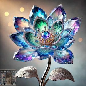 Arte de flor de loto de cristal / Elegante impresión de flores de piedras preciosas / Decoración floral de fantasía de lujo / Obra de arte botánica con joyas místicas incrustadas / PNG