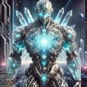 Guerrero cibernético de cristal / Androide futurista generado por IA / Guardián cibernético de ciencia ficción / Ser tecnológico místico Impresión artística digital / Imprimible