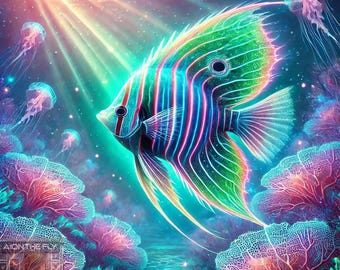 Neon Tropical Fish Art Print | Vibrant Ocean Wall Decor | Colorful Coral Reef Illustration | Underwater Fantasy Artwork | Sea Life Poster