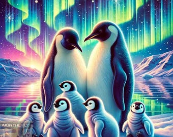 Penguin Family Art Print | Northern Lights Aurora Wall Decor