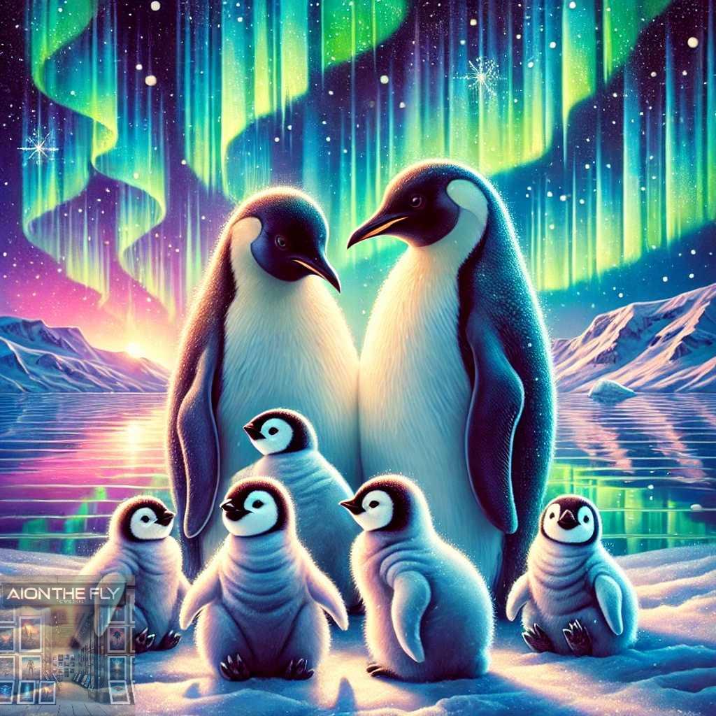 Penguin Family Art Print | Northern Lights Aurora Wall Decor