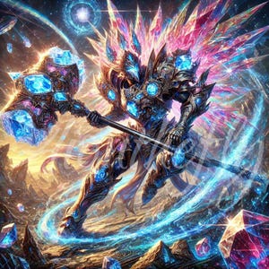 Guerreiro de Cristal Bárbaro | Arte de Batalha de Fantasia Gerada por IA | Guardião de Pedras Preciosas Celestiais | Impressão Digital de Herói com Armadura Mística | Para Imprimir