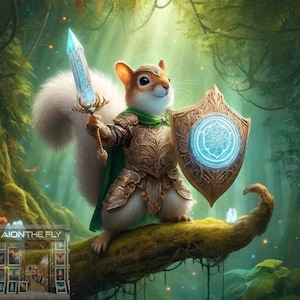 Fantasy Squirrel Warrior Art | Epic Woodland Knight with Magic Sword & Shield | Enchanted Forest Digital Print for Fantasy Lovers | PNG