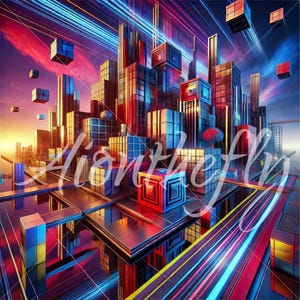 Futurystyczny Cyberpunkowy abstrakcyjny pejzaż miejski Sztuka cyfrowa | Sci-Fi Geometryczny Skyline Wydruk ścienny | Neonowa abstrakcyjna metropolia Dekoracja | Tapeta | PNG