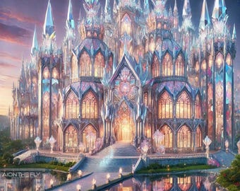 Impresión artística etérea de Crystal Castle / Decoración de pared de un palacio de fantasía / Obra de arte de paisaje onírico místico / Arquitectura gótica encantada / Papel tapiz