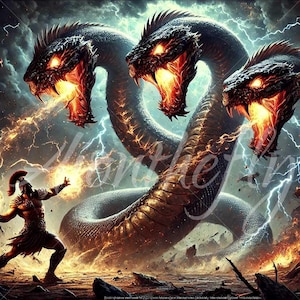 Epicka bitwa z Hydrą | Mityczna sztuka smoka generowana przez AI | Wojownik fantasy kontra trójgłowa bestia | Ziejący ogniem potwór wydruk ścienny | do wydrukowania