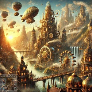 Steampunk Fantasy Cityscape | Victorian Gears & Airships | Whimsical Industrial Art Print | Retro Futuristic Wall Decor | AI-Generated | PNG