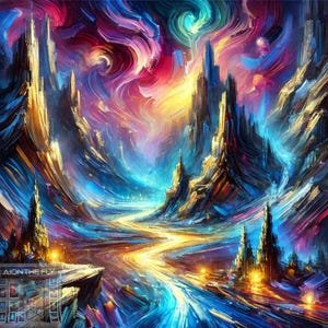 Canyon brush Art Print | Vibrant Surreal Landscape Painting | Cosmic River Digital Artwork | Mystical Wall Decor | Wallpaper | Printable