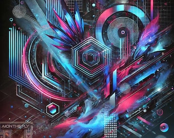 Cyberpunk Geometric Abstract Art | Futuristic Digital Wall Print | Neon Tech Aesthetic | Sci-Fi Cyber Art for Modern Home Decor | Wallpaper