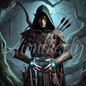 Artea, Die Elfen-Schurke | Mysteriöser Fantasy Bogenschütze Druck | Stealthy Woodland Assassin | Verzauberte Schurke Kriegerin Wanddeko | Tapete | PNG