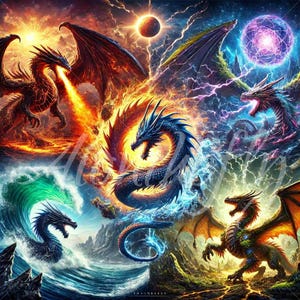 Elemental Dragon Lords / Fuoco, Acqua, Terra e Fulmini / Arte di Creature Fantasy Epic / Stampa Digitale di Bestie Mitiche / Stampabile / Carta da Parati