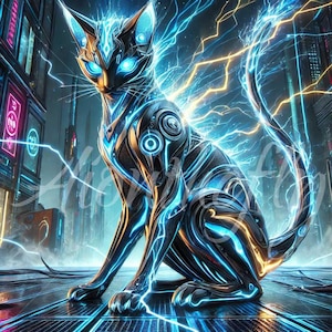 サイバーパンク電気猫 | AI 生成の未来的な猫 | ネオン輝くサイバーペット | SF ロボット技術猫デジタルアートプリント | 印刷可能な PNG