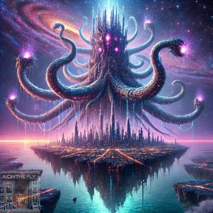 Hydra Eldritch City Art | Surreal Tentacle Metropolis | Lovecraftian Sci-Fi Fantasy Print | Floating Alien Kingdom Wall Decor | Wallpaper
