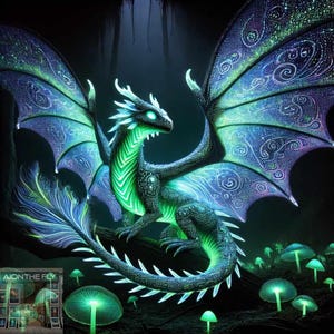 Glowing Dragon Adult And Baby 2-Pack | Art Print | Glowing Fantasy Creature with Neon Mushrooms | Mystical Night Scene | Instant Download