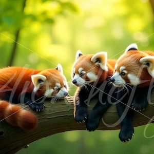 Trio di panda rossi da parete / Stampa di simpatici animali della foresta / Cuccioli di panda rossi su un ramo di un albero / Decorazioni per la cameretta della fauna selvatica / Creature del bosco da scaricare