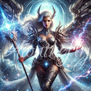 Adelita, the Battle Angel | Fantasy Sorceress Print | Ethereal Armored Goddess | Mystical Winged Mage | Enchanted Battle Queen Wall Decor