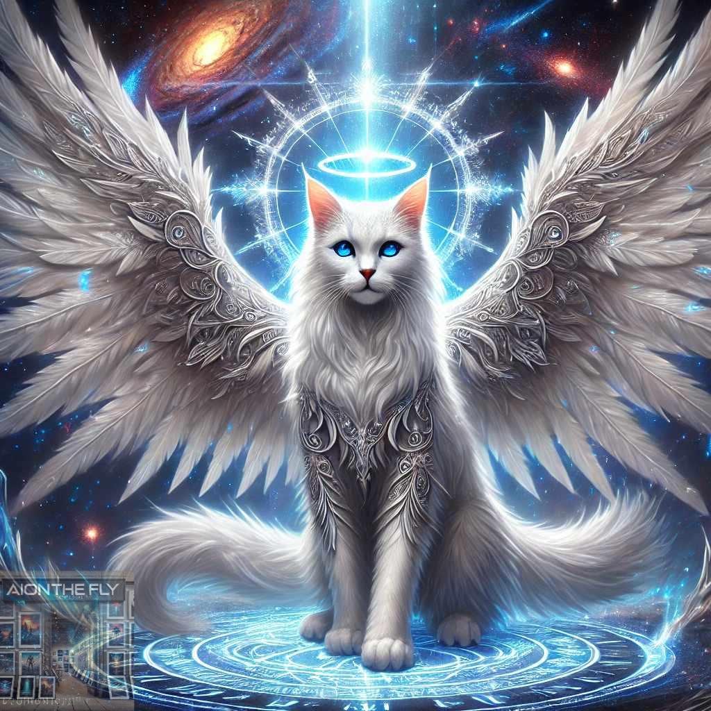 Celestial Angel Cat Print | Mystical Winged Feline Artwork