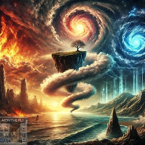 Elemental Fantasy Art | Surreal Floating Island | Fire & Ice Swirls | Mystical Storm | Cosmic Landscape Wall Decor | Dreamlike Print | PNG