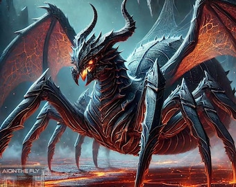 Feuer speiender Spinnendrache Kunst | Dark Fantasy Kreatur Druck | Gothic Wanddekor | Fabelwesen Illustration | Feurige Lava Monster | PNG