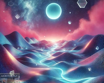 Futuristic Dreamscape Abstract Art | Neon Sci-Fi Landscape Print | Surreal Cosmic Wall Decor | Cyber Aesthetic Artwork Wallpaper | Printable