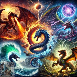 Elemental Dragon Lords | Fire, Water, Earth & Lightning | Epic Fantasy Creature Art | Mythical Beast Digital Print | Printable | Wallpaper