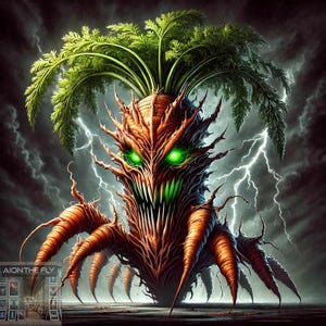 Stampa artistica terrificante di un mostro di carota / Decorazione murale di verdure horror fantasy oscuro / Poster da cucina inquietante / Illustrazione di cibo spettrale / PNG