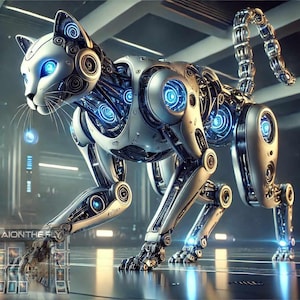 Art de chat robotique mécanique | Impression féline IA futuriste | Décoration murale animal mecha de science-fiction | Illustration high-tech de cyber animal de compagnie | PNG imprimable