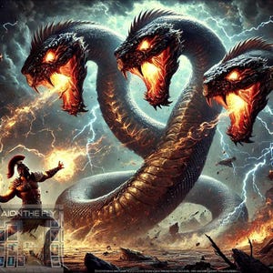 Batalla épica de hidra / Arte de dragón mítico generado por IA / Guerrero de fantasía contra bestia de tres cabezas / Impresión de pared de monstruo que escupe fuego / Imprimible