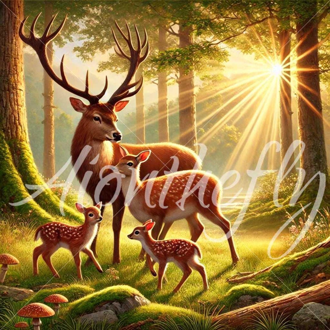 Deer Family Wall Art | Majestic Stag and Fawns in Forest | Woodland ...