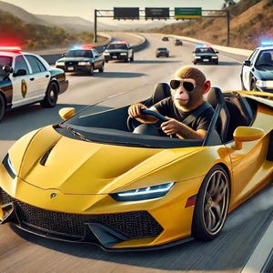 Monkey Car Chase Art | Hilarious Animal Driving Print | High-Speed Police Pursuit | Wild Comedy Wall Decor | Crazy Racing Poster | Printable