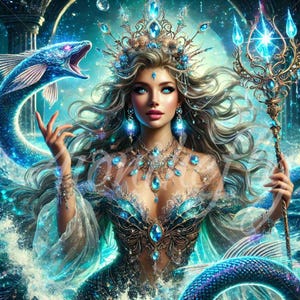 Alice, sztuka bogini oceanu | Urzekająca fantastyczna syrena królowa wydruk | Eteryczna dekoracja ścienna nimfa wodna | Mistyczna tapeta królowej morza | Wydruk