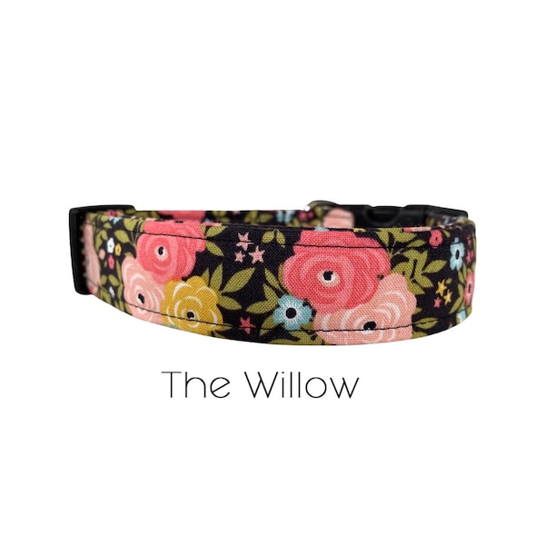 Black and Pink Floral Dog Collar / The Willow Collar / Gift for Dog Lovers / Fall Dog Collar