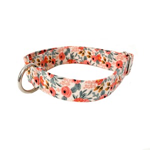 Peut inclure: Un collier de chien blanc avec un motif floral compos&eacute; de fleurs roses et orange et de feuilles vertes. Le collier a un anneau en D en m&eacute;tal argent&eacute;.