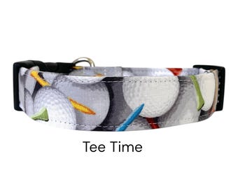 Obroża golfowa dla psa Tee Time / Tematyka sportowa / Biały, niebieski, czerwony / Prezent dla miłośników psów