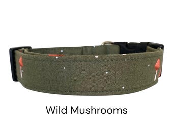 The Wild Mushrooms Dog Collar / Olive Green and Red Woodsy Design / Gift for Dog Lovers