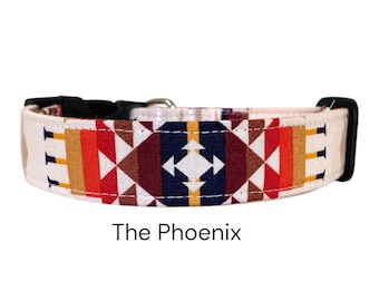 Obroża dla psa Phoenix Southwestern / Czerwony, jasnobrązowy, biały wzór Navajo / Prezent dla miłośników psów