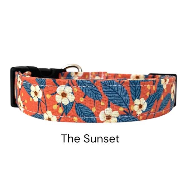 The Sunset Floral Dog Collar / Burnt Orange, Blue, and White Floral Design / Spring Collection / Gift for Dog Lovers