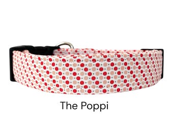 Obroża dla psa Poppi Polka Dot / Wzór w brzoskwiniowe i czerwone kropki / Kolekcja wiosenna / Prezent dla miłośników psów