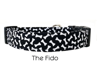 The Fido Dog Collar / Black and White Dog Bones Dog Collar / Novelty Dog Collar / Gift for Dog Lovers